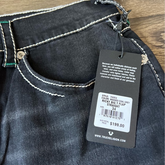 True Religion Men's Ricky Rope Stitch Flap Jeans Washed Black/Green Size 34x32 - Picture 7 of 10